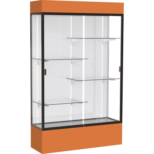 Waddell Lighted Floor Case, White Back w/ Dark Bronze Frame & Colored Base - 48" Width x 16" Depth x 80" Height - 4 x Shelf(ves) - Sliding Door(s) - 25 lb Load Capacity - Lockable, Adjustable Shelf, Handcrafted, LED Light - Orange - Assembly Required...