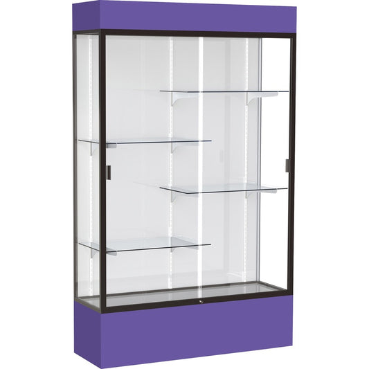 Waddell Lighted Floor Case, White Back w/ Dark Bronze Frame & Colored Base - 48" Width x 16" Depth x 80" Height - 4 x Shelf(ves) - Sliding Door(s) - 25 lb Load Capacity - Lockable, Adjustable Shelf, Handcrafted, LED Light - Purple - Assembly Required...