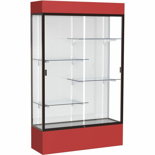 Waddell Lighted Floor Case, White Back w/ Dark Bronze Frame & Colored Base - 48" Width x 16" Depth x 80" Height - 4 x Shelf(ves) - Sliding Door(s) - 25 lb Load Capacity - Lockable, Adjustable Shelf, Handcrafted, LED Light - Red - TAA Compliant