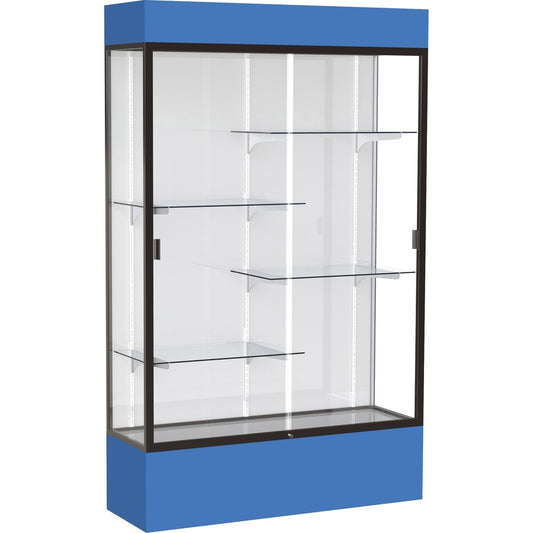 Waddell Lighted Floor Case, White Back w/ Dark Bronze Frame & Colored Base - 48" Width x 16" Depth x 80" Height - 4 x Shelf(ves) - Sliding Door(s) - 25 lb Load Capacity - Lockable, Adjustable Shelf, LED Light, Handcrafted - Royal Blue - Assembly Requir...