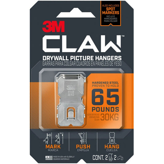 3M CLAW Drywall Picture Hanger - 65 lb (29.48 kg) Capacity - 1.2" Width x 2" Length - for Pictures, Project, Mirror, Frame, Home, Decoration - Steel - Gray - 2 / Pack
