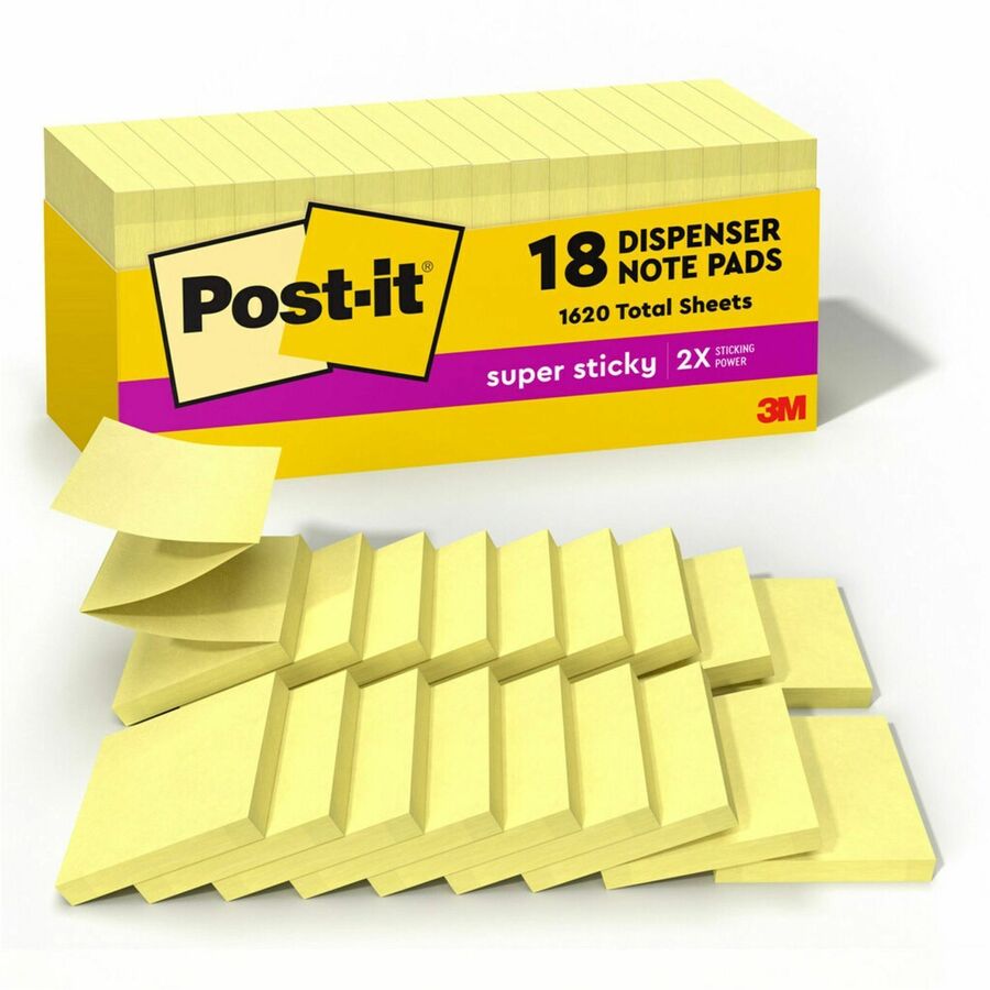 Post-it, Super Sticky Dispenser Notes - Canary Yellow - 3" Flag/Note Width x 3" Flag/Note Length - Square - Canary Yellow - Paper - Pop-up, Recyclable, Adhesive - 1 Pack