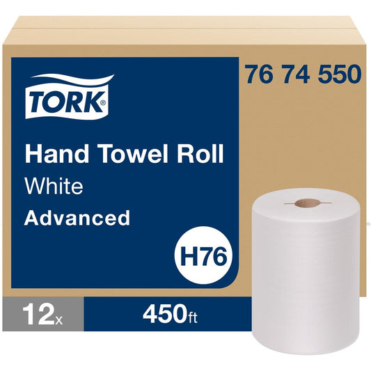TORK Advanced Hand Towel Roll - 1 Ply - 1 15/16" Core - Texture - White - Paper - 12 / Carton