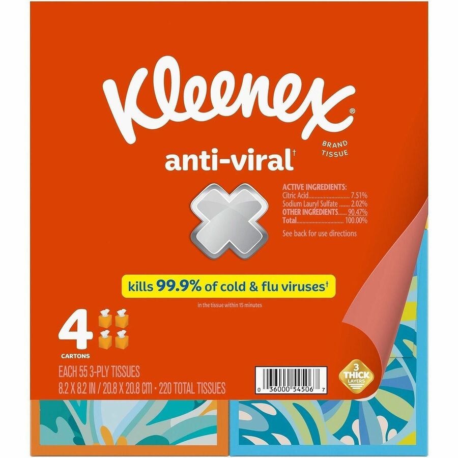 Kleenex Anti-viral Facial Tissue - 3 Ply - WhiteBox - 55/Box - 4 / Pack
