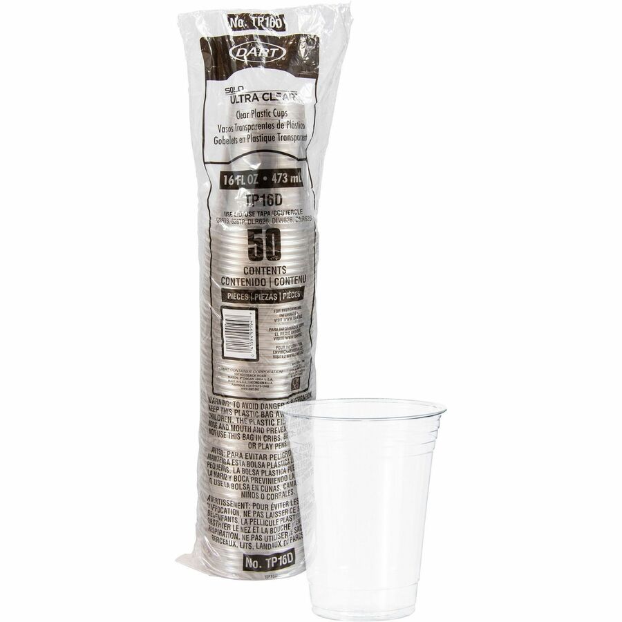 Solo Ultra Clear 16 oz Practical-Fill Cold Cups - 16 fl oz - Clear - Polyethylene Terephthalate (PET), Plastic - Cold Drink, Smoothie, Iced Coffee, Frozen Drinks, Beer - 50 / Pack
