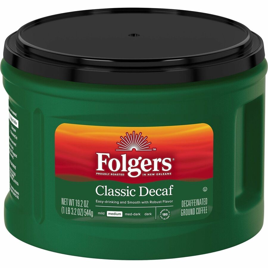 Folgers&reg, Ground Classic Decaf Coffee - Medium - 19.2 oz Per Canister - Ground - Classic - Decaffeinated - 1 Each