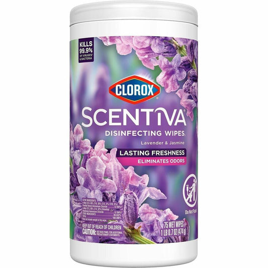 Clorox Scentiva Bleach-Free Cleaning Wipes - Lavender & Jasmine Scent - Bleach-free, Disinfectant, Long Lasting, Deodorize, Odor Neutralizer - White - 75 Tub - 1 Each