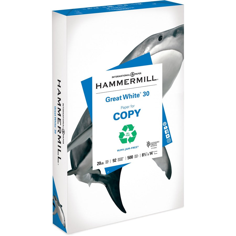 Hammermill Great White Recycled Copy Paper - White - 92 Brightness - Legal - 8 1/2" x 14" - 20 lb Basis Weight - Acid-free, Moisture Resistant, Archival-safe, Jam-free - White - 500 Sheets per Ream - 30 / Pallet