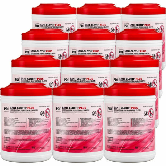 PDI Sani-Cloth Plus Germicidal Disposable Cloth - 6.75" Length x 6" Width - Disposable, Disinfectant, Deodorize, Fungicide, Virucidal, Bactericide, Latex-free, Bleach-free, Pre-moistened, Antimicrobial - White - 160/Tub - 12 / Carton