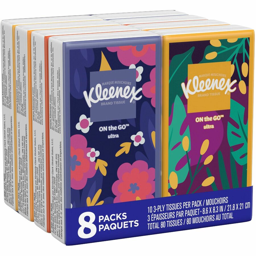 Kleenex Go Packs Facial Tissues - 3 Ply - 8.60" Width x 8.30" Length - White - 10/Pouch - 12 / Carton