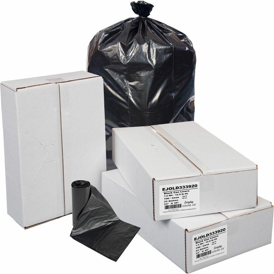 Everyday Genuine Joe Low-Density Can Liners - 33 gal Capacity - 39" Length x 33" Width x 1.50 mil (38 Micron) Thickness - Low Density - Black - Resin - Office Waste, Receptacle - 100 / Carton