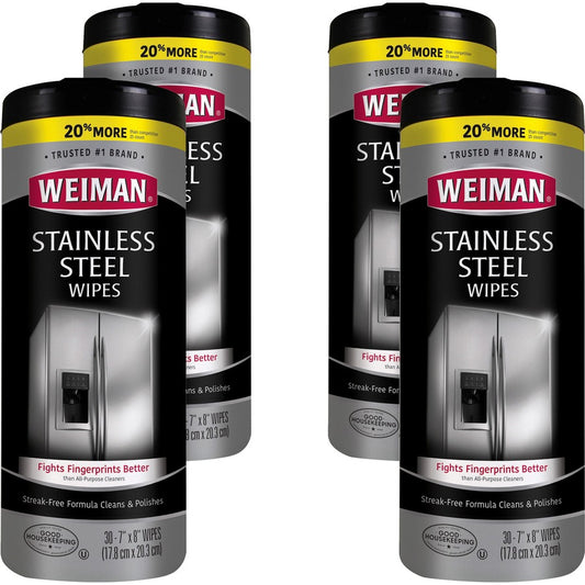 Weiman Stainless Steel Wipes - Streak-free, Fingerprint Resistant, Dust Resistant, Dirt Resistant, Pre-moistened, Grease Resistant, pH Neutral - White - 30/Tub - 4 / Carton