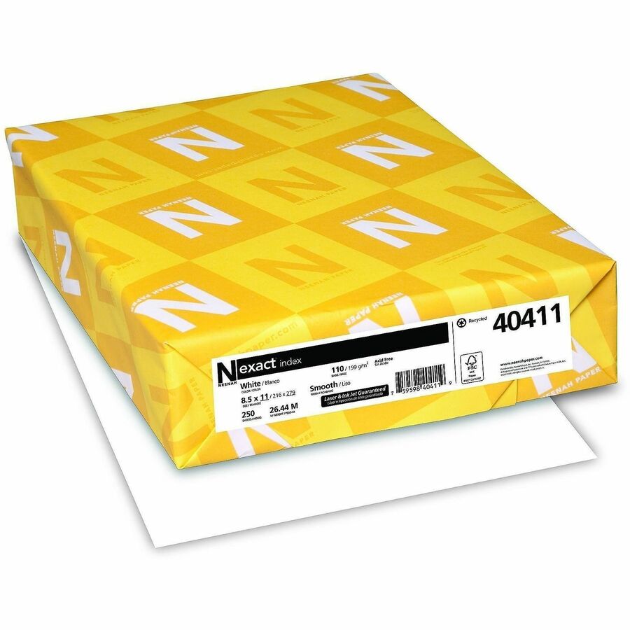 Exact 110lb Heavyweight Exact Index Paper - 94 Brightness - 8 1/2" x 11" - 110 lb Basis Weight - Smooth - Durable, Acid-free, Heavyweight - White - 250/Pack - 4 / Carton