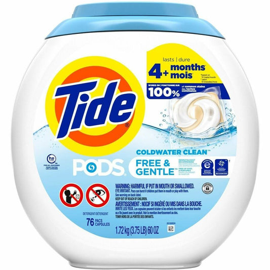 Tide Free & Gentle Laundry Detergent - For Household, Washing Machine - Liquid, Pod - Hypoallergenic, Dye-free, Color Safe, Unscented - White - 76 / Pack