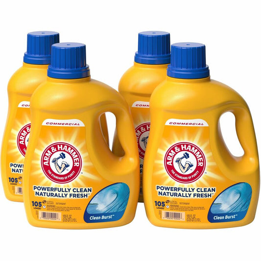 Arm & Hammer Clean Burst Laundry Detergent - For Laundry, Fabric - Concentrate - Liquid - 105 fl oz (3.3 quart) - Clean Burst Scent - Odor Neutralizer, Versatile - Yellow, Blue Bottle - 4 / Carton