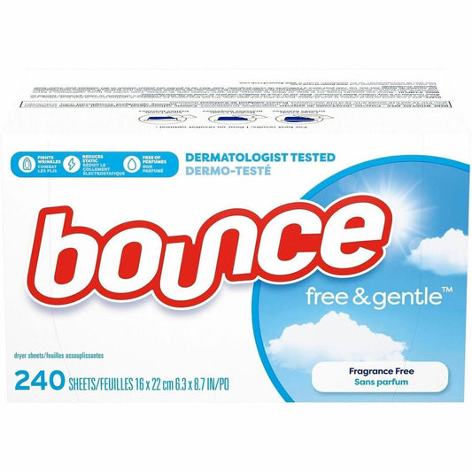 Bounce Free & Gentle Dryer Sheets - For Clothes, Fabric - Sheet - 9" Length x 6.40" Width - Dye-free, Scent-free, Hypoallergenic, Fragrance-free, Soft - White - 240/Box - 4 / Carton