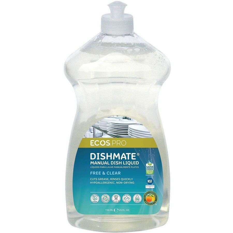 ECOS&reg, PRO Dishmate Manual Dishwashing Liquid - For Dish, Sink - Concentrate - Liquid - 25 fl oz (0.8 quart) - Free & Clear Scent - Recommended For: Grease Remover, Residue Remover, Food Remover - Aseptic, pH Balanced, Dye-free, Residue-free, Skin-f...