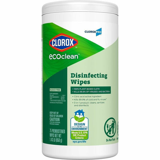 CloroxPro, EcoClean Disinfecting Wipes - For Multi Surface, Multipurpose - Ready-To-Use - Wipe - Disinfectant, Dye-free, Bleach-free, Ammonia-free - Green - 75 / Each