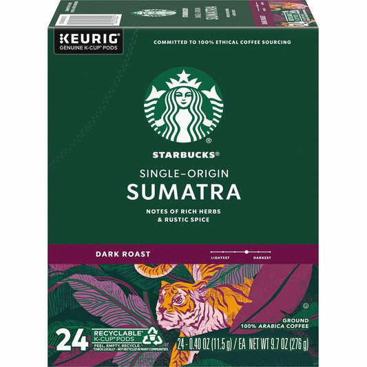 Starbucks&reg, K-Cup Sumatra Coffee - Compatible with Keurig Brewer - Dark - K-Cup - Sumatra - 24 / Box