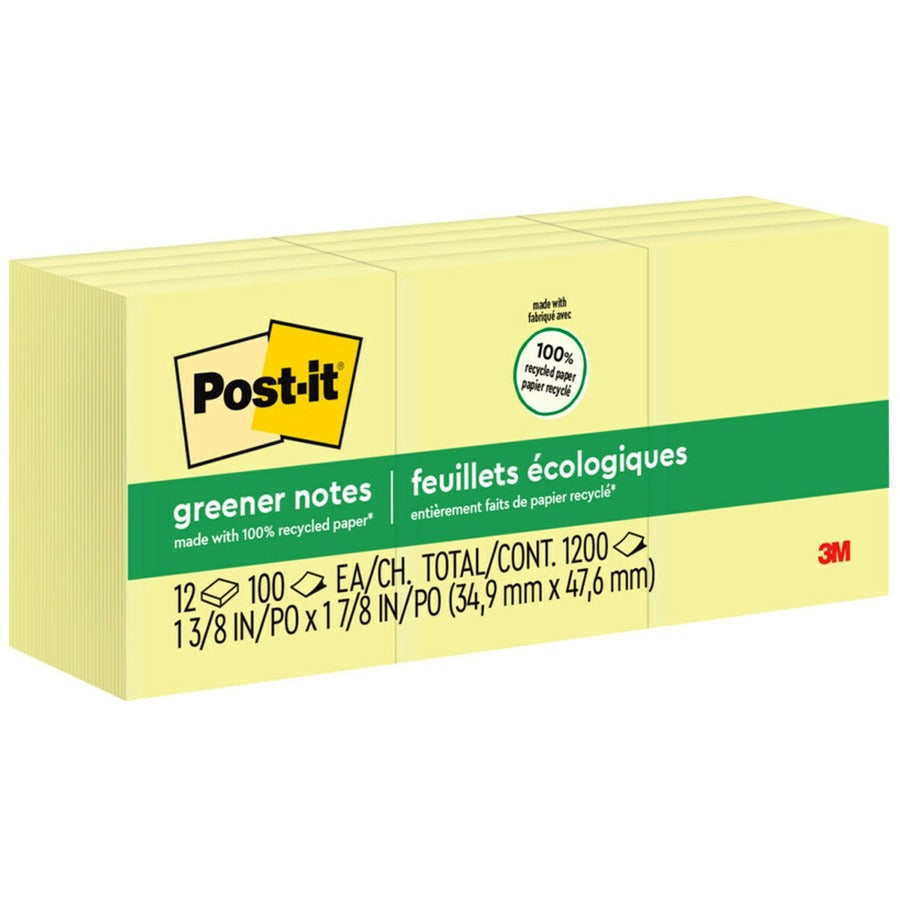 Post-it&reg, Greener Notes - 1200 - 1 1/2" Flag/Note Width x 2" Flag/Note Length - Rectangle - 100 Sheets per Pad - Unruled - Yellow - Paper - Self-adhesive, Repositionable - Recycled - 1 Pack