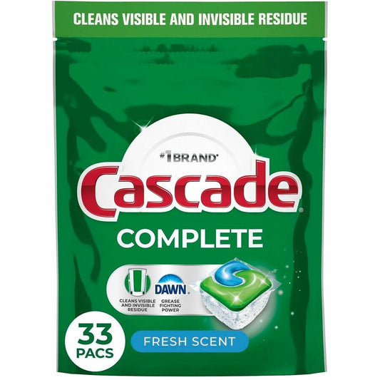 Cascade Complete ActionPacs - For Dishwasher, Dish - Pod - Recommended For: Grease Remover, Grime Remover, Food Remover, Residue Remover - Phosphate-free - Green - 33 / Bag
