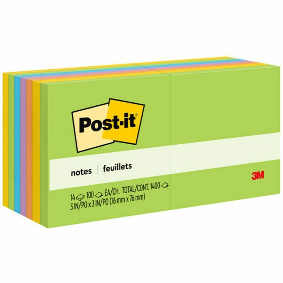 Post-it&reg, Notes - Floral Fantasy Color Collection - 1400 - 3" Flag/Note Width x 3" Flag/Note Length - Square - 100 Sheets per Pad - Unruled - Limeade, Citron, Iris Infusion, Positively Pink, Blue Paradise - Paper - Self-adhesive, Repositionable - 1...