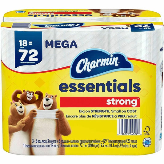 Charmin Essentials Strong Mega - 1 Ply - Mega - White - 18 / Carton