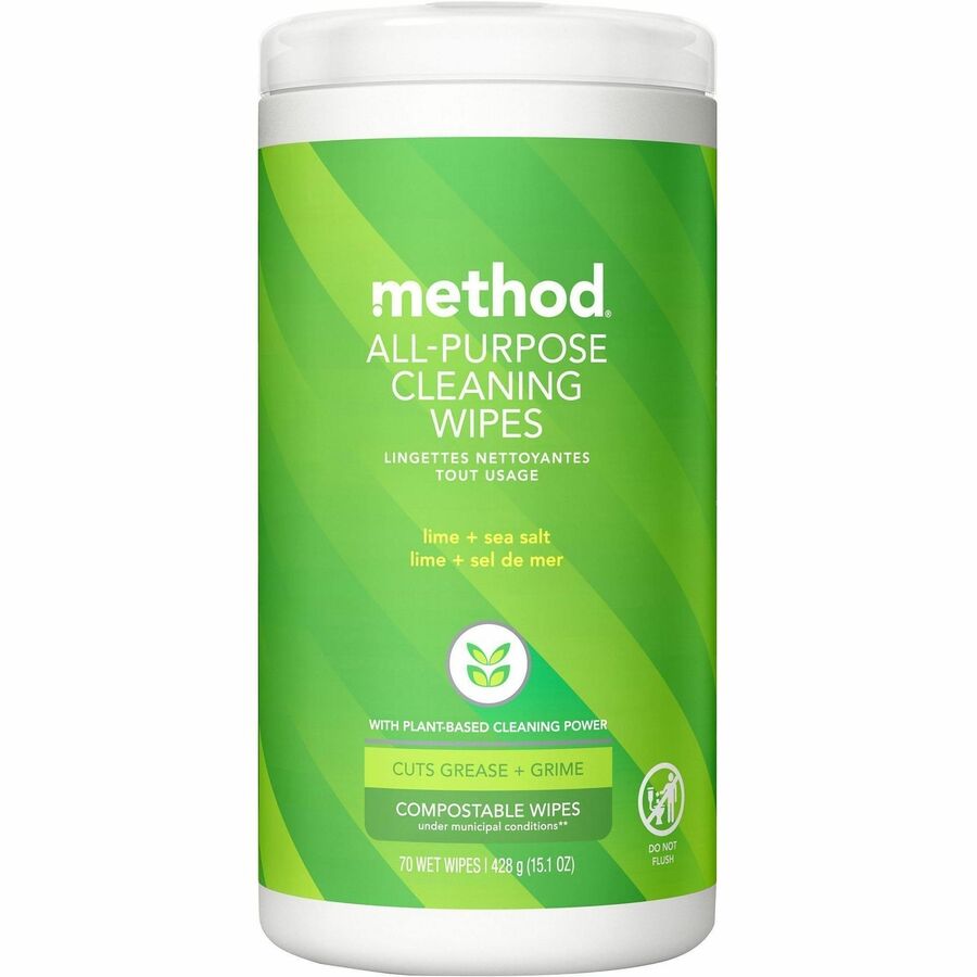 Method All-purpose Cleaning Wipes - For Multipurpose - Wipe - Lime + Seasalt Scent - Recommended For: Grease Remover, Grime Remover, Spill Remover, Gunk Remover, Dirt Remover - Pleasant Scent - Green - 70 Wipes/Tub - 6 / Carton