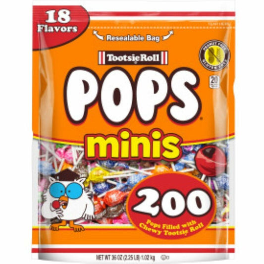 Tootsie Pops Minis Assorted Flavors - Watermelon, Raspberry, Chocolate, Cherry, Grape, Orange, Strawberry, Green Apple, Fruit Punch, Black Cherry, Blue Raspberry, ... - Peanut-free, Gluten-free - 2.25 lb - 200 / Bag