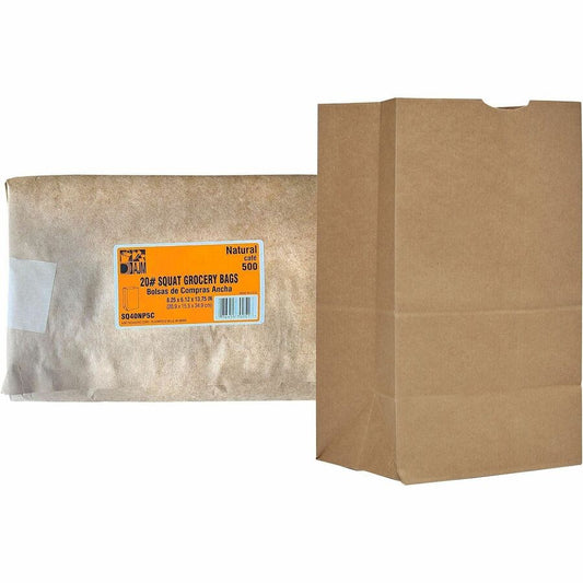 AJM #20 Squat Kraft Paper Grocery Bags - #20 - Natural Kraft - Paper - Grocery, Supplies - Recycled - 500 / Carton