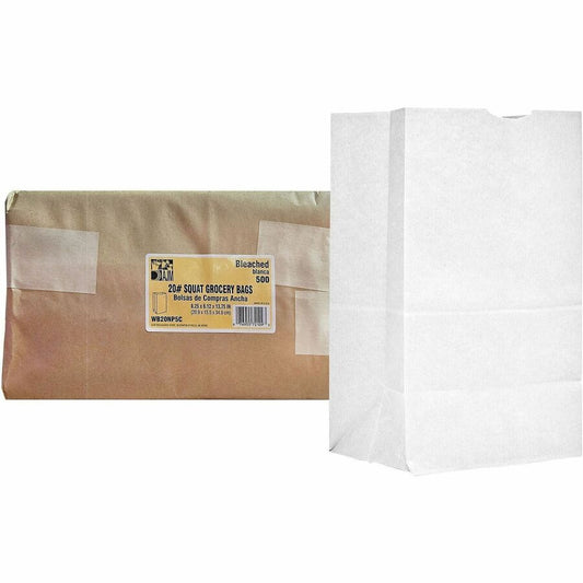 AJM #20 Squat White Paper Grocery Bags - #20 - Bleached Kraft - Paper - Grocery, Supplies - Recycled - 500 / Carton
