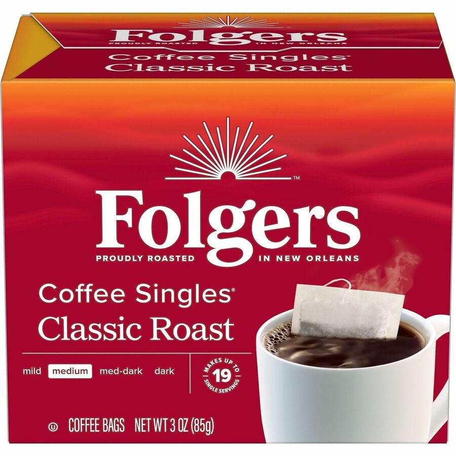 Folgers&reg, Bag, Instant, Packet Singles Medium-Roast Coffee Bags - Medium - Bag, Instant, Packet - Classic Roast - Kosher - 19 / Box