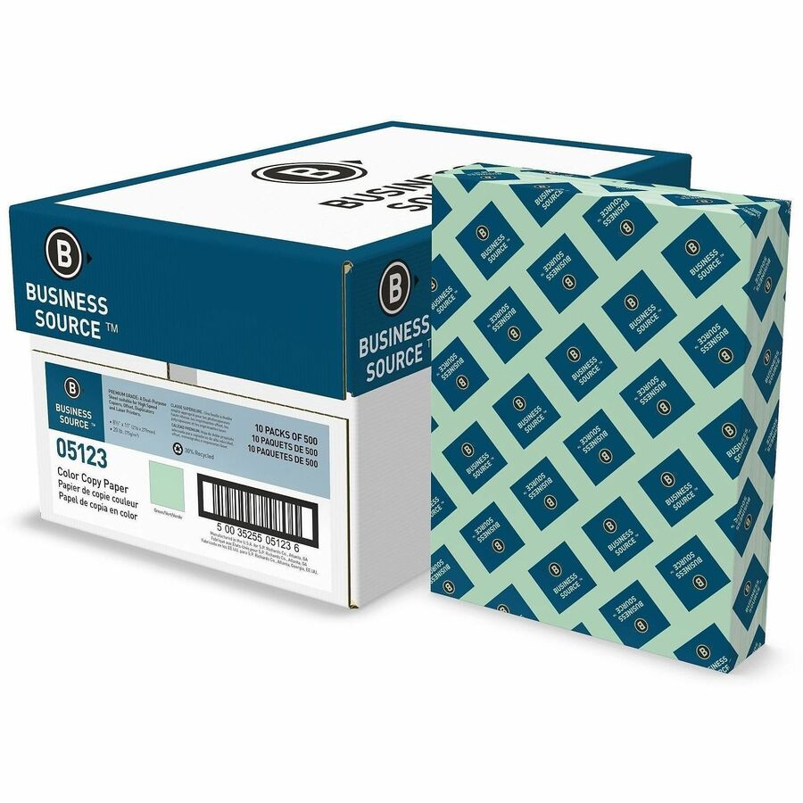 Business Source Multipurpose Color Paper - Letter - 8 1/2" x 11" - 20 lb Basis Weight - Sustainable Forestry Initiative (SFI) - Archival-safe, Acid-free, Lint-free, Precision-cut - Green - 5000 Sheets - 500 Sheets per Ream - 10 / Carton