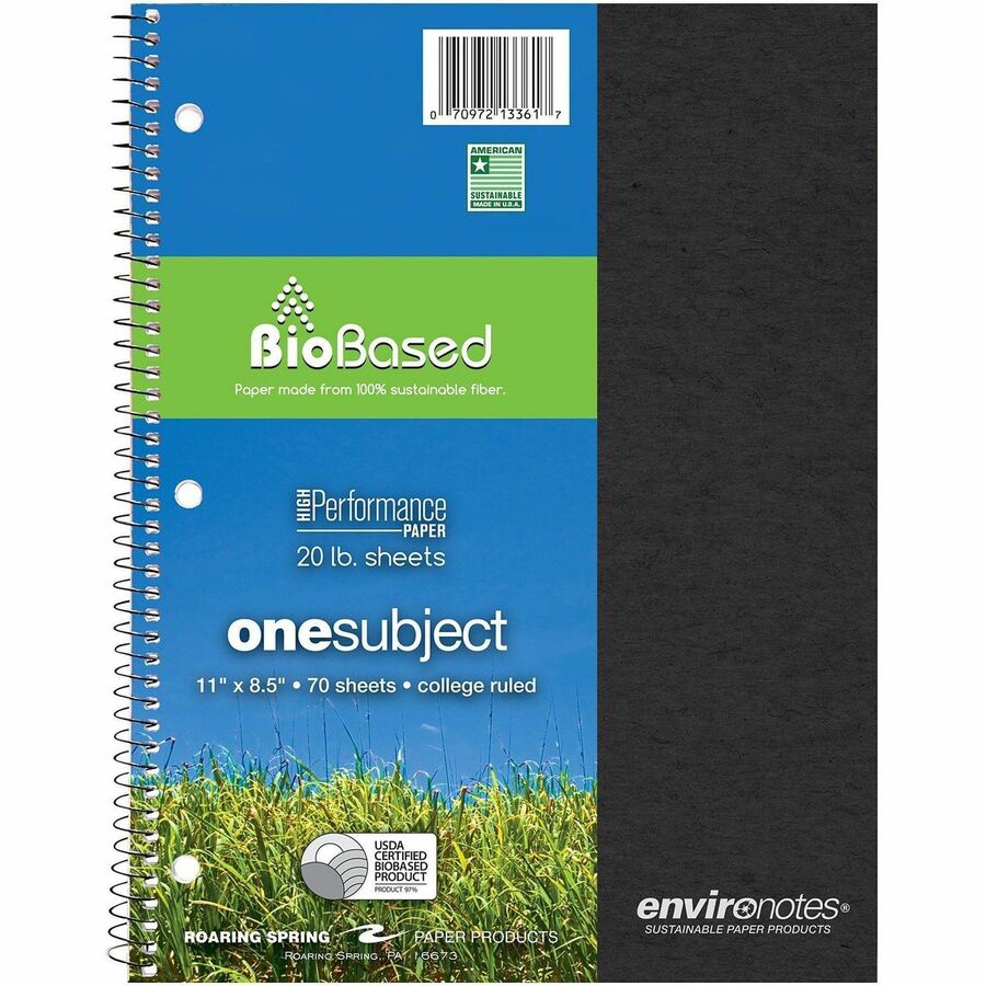 Roaring Spring Environotes Wirebound Notebook - 1 Subject(s) - 70 Sheets - 140 Pages - Spiral - Both Side Ruling Surface - College Ruled Front Ruling - 3 Hole(s) - 20 lb Basis Weight - 11" Width x 8.5" Depth - White Paper - Assorted Chipboard, Board Co...