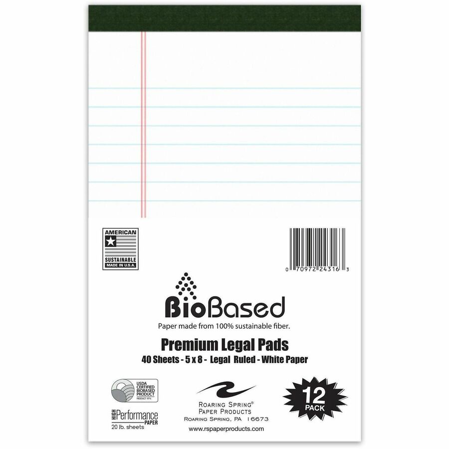 Roaring Spring Bio-Preferred Jr. Legal Pad - 40 Sheets - 80 Pages - Stapled/Tapebound - Both Side Ruling Surface - Ruled Front Ruling - Double Line Red Margin - 20 lb Basis Weight - Junior Legal - 5" x 8" Sheet Size - 5" Width x 8" Depth - White Paper...