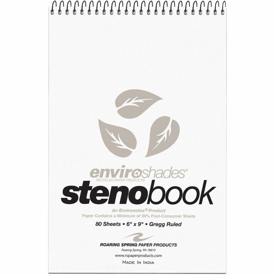 Roaring Spring Enviroshades Gregg-Ruled Steno Book - 80 Sheets - 160 Pages - Spiral Bound - Gregg Ruled Margin - 15 lb Basis Weight - 6" x 9" Sheet Size - 6" Width x 9" Depth - Gray Paper - Gray Board Cover - Smooth, Snag Proof, WireLock, Heavy Duty Co...