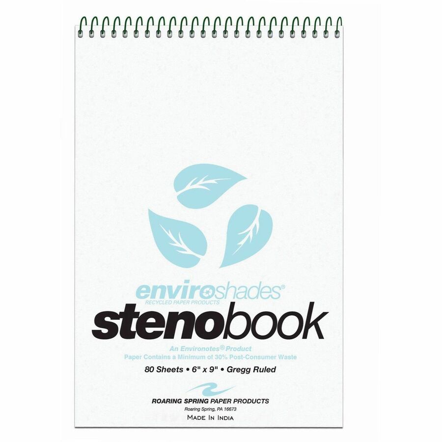 Roaring Spring Enviroshades Gregg-Ruled Steno Book - 80 Sheets - 160 Pages - Spiral Bound - Gregg Ruled Margin - 15 lb Basis Weight - 6" x 9" Sheet Size - 6" Width x 9" Depth - Blue Paper - Blue Board Cover - Smooth, Snag Proof, WireLock, Heavy Duty Co...