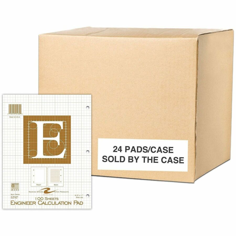 Roaring Spring Engineer Calculation Pad - 100 Sheets - 200 Pages - Plain/Printed - Glued - 3 Hole(s) - 20 lb Basis Weight - Letter - 8 1/2" x 11" Sheet Size - 0.30" Height x 8.5" Width x 11" Depth - Buff Paper - Beige Cover - Heavyweight, Smooth, Acid...