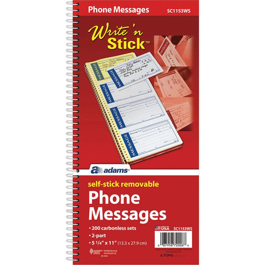 Adams Write 'n Stick Phone Message Book - 200 Sheet(s) - Spiral Bound - 2 Part - Carbonless Copy - 5.25" x 11" Sheet Size - Assorted Sheet(s) - 1 Each