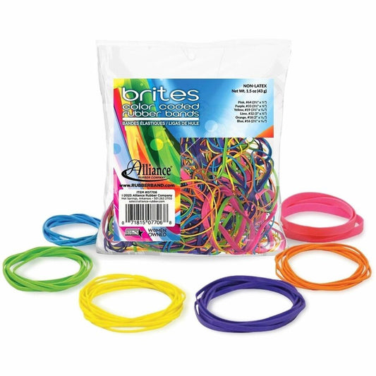 Alliance Rubber Brites Color-Coded Rubber Bands - Size: #16, #18, #19, #32, #33, #64 - Reusable, Elastic, Stretchable, Latex-free, Freezer Safe, Microwave Safe, Durable - Pink, Blue, Orange, Lime, Purple, Yellow - 1 Box