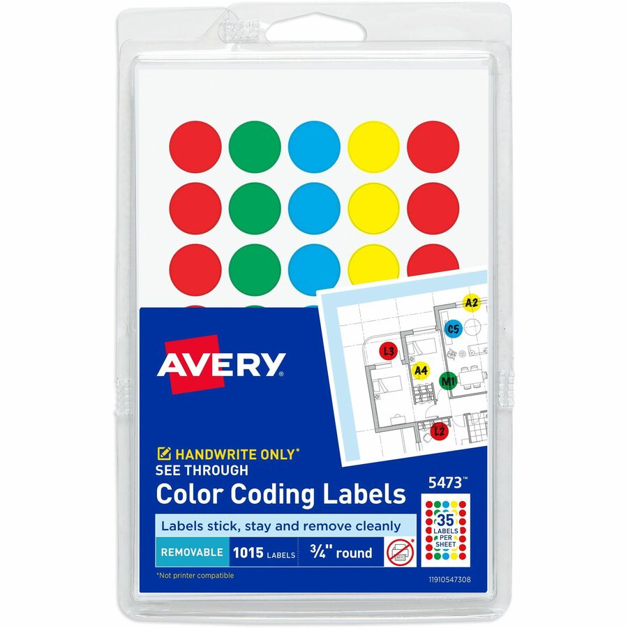 Avery&reg, Color Coded Label - 3/4" Diameter - Removable Adhesive - Round - Green, Light Blue, Red, Yellow - Film - 35 / Sheet - 29 Total Sheets - 1015 Total Label(s) - 1000 / Pack