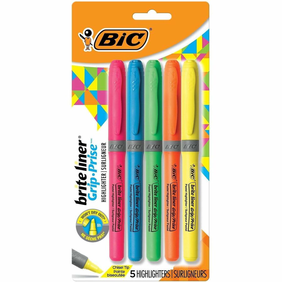 BIC Brite Liner&reg, Grip Highlighter - Fluorescent Assorted Ink - 5 / Set