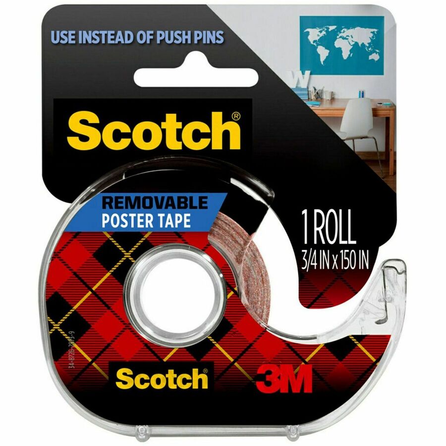 Scotch Removable Poster Tape - 12.50 ft Length x 0.75" Width - 1" Core - Clear - Synthetic - Dispenser Included - Handheld Dispenser - For Mount Picture/Poster - 1 Roll