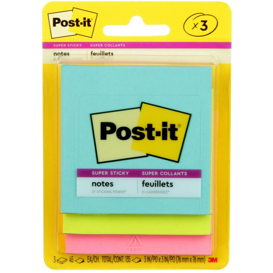 Post-it&reg, Super Sticky Notes - Supernova Neons Color Collection - 135 - 3" Flag/Note Width x 3" Flag/Note Length - Square - 45 Sheets per Pad - Unruled - Aqua Splash, Acid Lime, Tropical Pink - Paper - Self-adhesive - 1 Pack