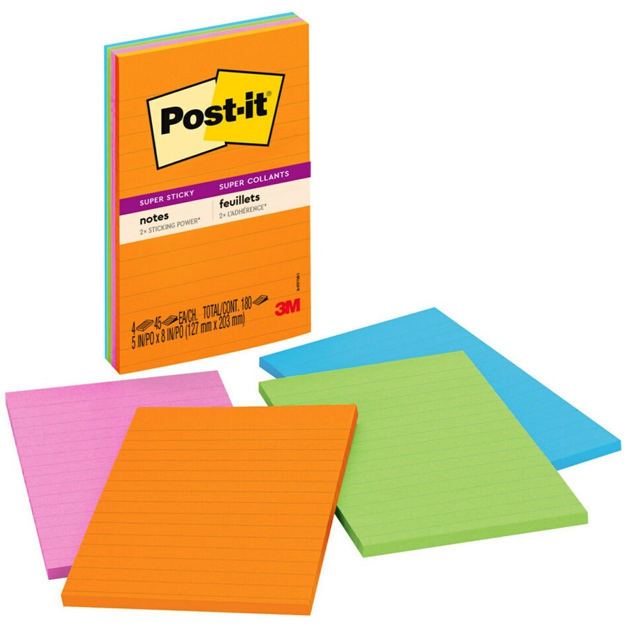 Post-it&reg, Super Sticky Lined Notes - Energy Boost Color Collection - 180 - 5" Flag/Note Width x 8" Flag/Note Length - Rectangle - 45 Sheets per Pad - Ruled - Vital Orange, Tropical Pink, Blue Paradise, Limeade - Paper - Self-adhesive - 12 / Pack