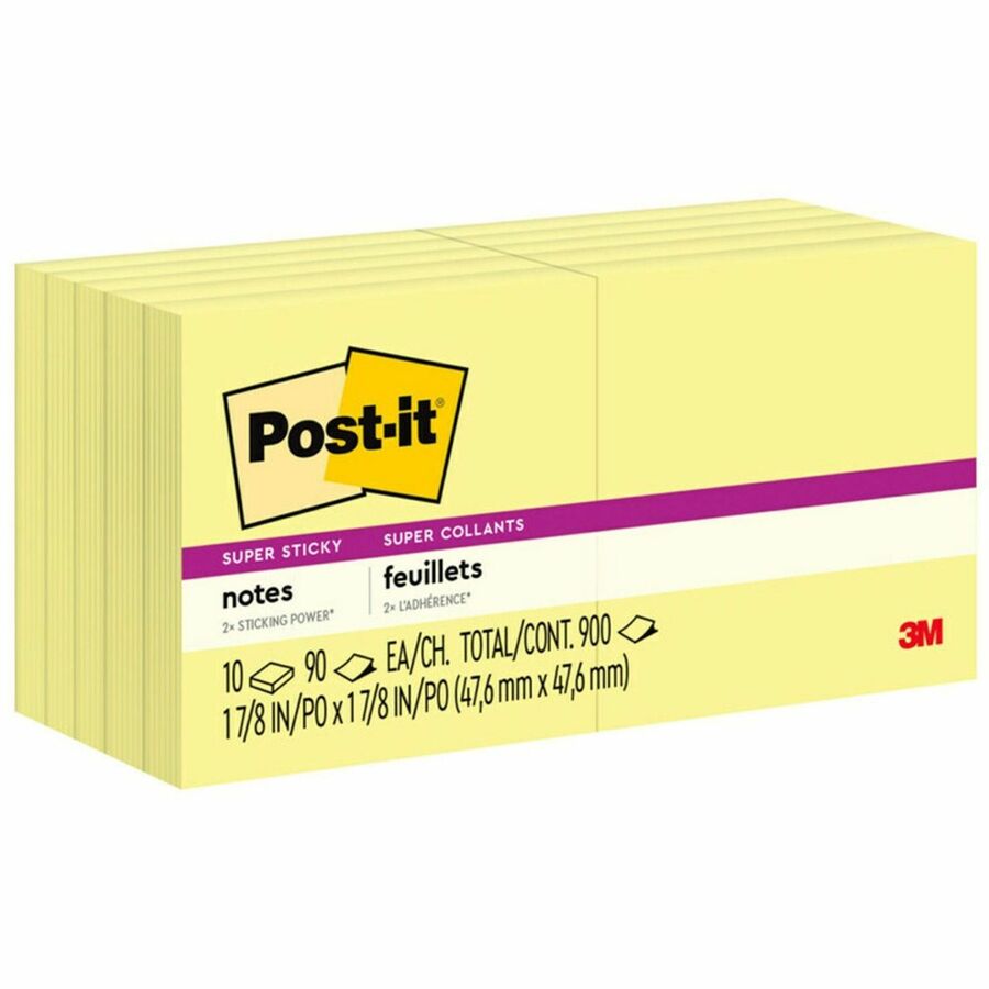 Post-it&reg, Super Sticky Adhesive Notes - 900 - 2" Flag/Note Width x 2" Flag/Note Length - Square - 90 Sheets per Pad - Unruled - Yellow - Paper - Self-adhesive - 10 / Pack