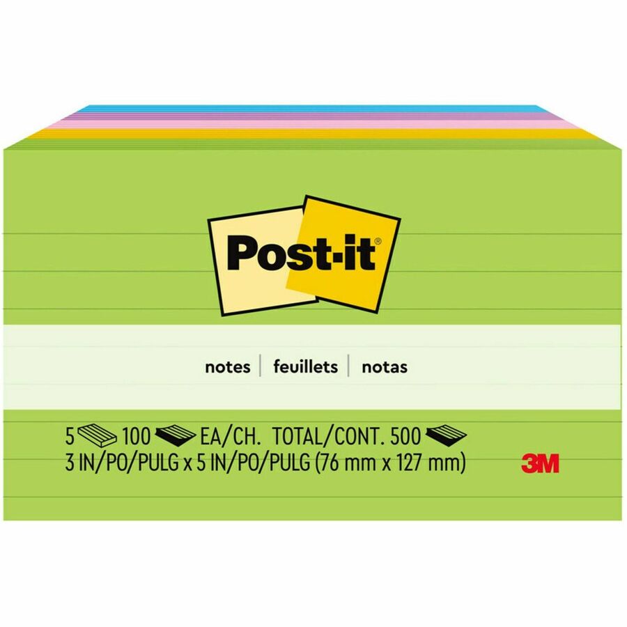 Post-it&reg, Notes Original Lined Notepads - Floral Fantasy Color Collection - 500 - 3" Flag/Note Width x 5" Flag/Note Length - Rectangle - 100 Sheets per Pad - Ruled - Limeade, Citron, Positively Pink, Iris Infusion, Blue Paradise - Paper - Self-adhes...