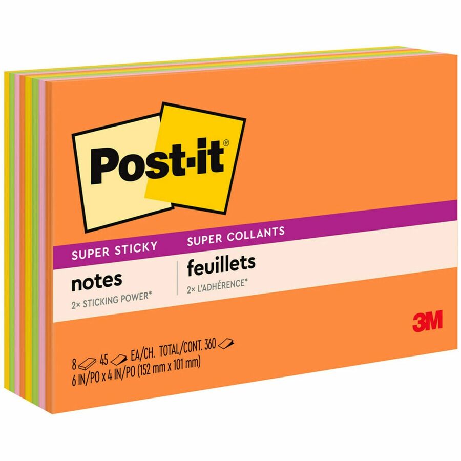 Post-it&reg, Super Stick Notes - Energy Boost Color Collection - 360 - 6" Flag/Note Width x 4" Flag/Note Length - Rectangle - 45 Sheets per Pad - Unruled - Vital Orange, Limeade, Tropical Pink, Sunnyside - Paper - Self-adhesive - 8 / Pack