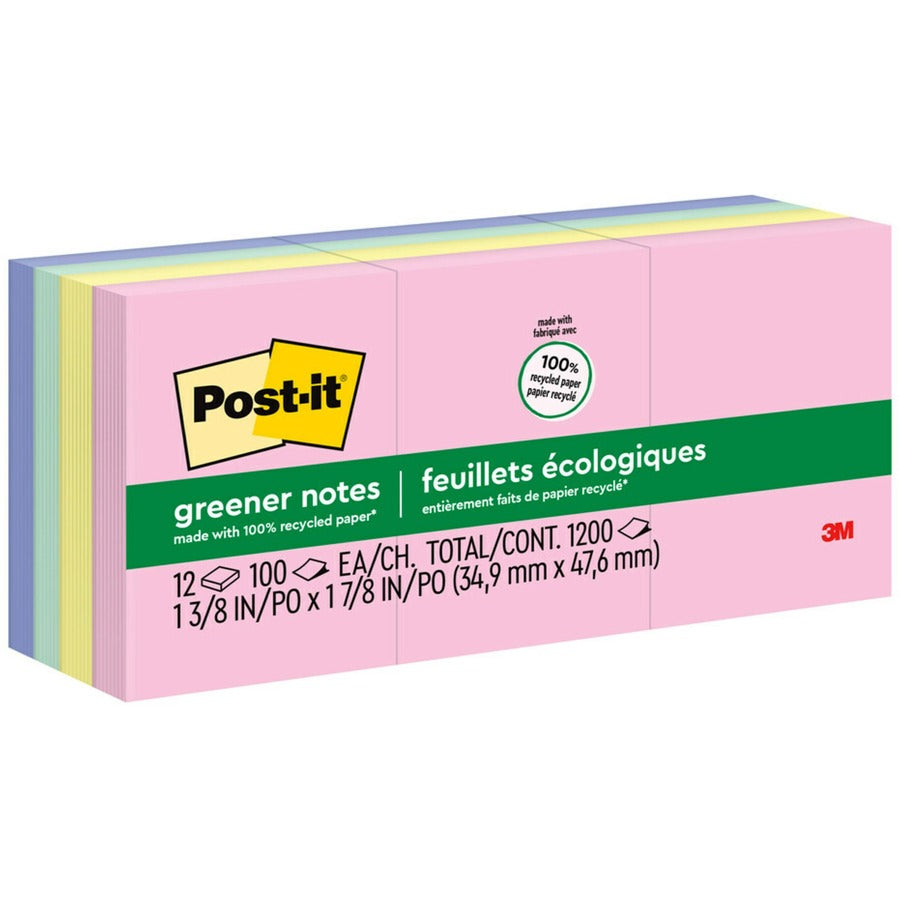 Post-it&reg, Greener Notes- Sweet Sprinkles Color Collection, 1 3/8 x 1 7/8 in - 1200 - 1 3/8" Flag/Note Width x 1 7/8" Flag/Note Length - Rectangle - 100 Sheets per Pad - Unruled - Positively Pink, Canary Yellow, Fresh Mint, Moonstone - Paper - Self-a...
