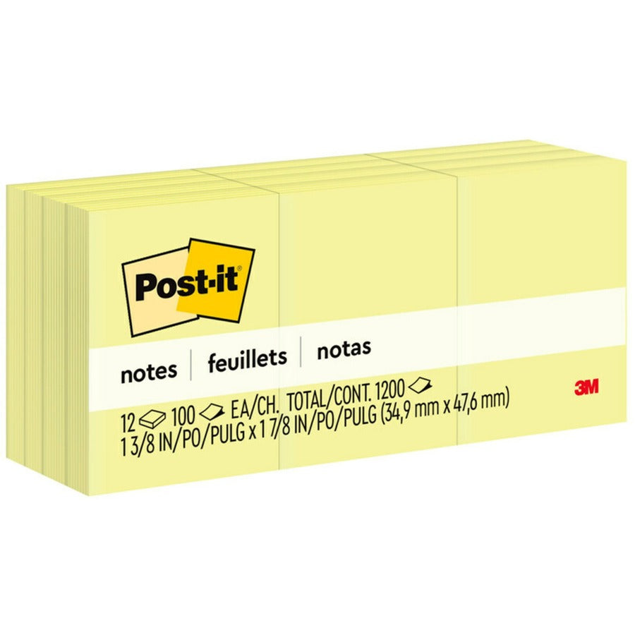Post-it&reg, Notes Original Notepads - 1 3/8" Flag/Note Width x 1 7/8" Flag/Note Length - Rectangle - 100 Sheets per Pad - Unruled - Canary Yellow - Paper - Self-adhesive, Repositionable - 1 Pack